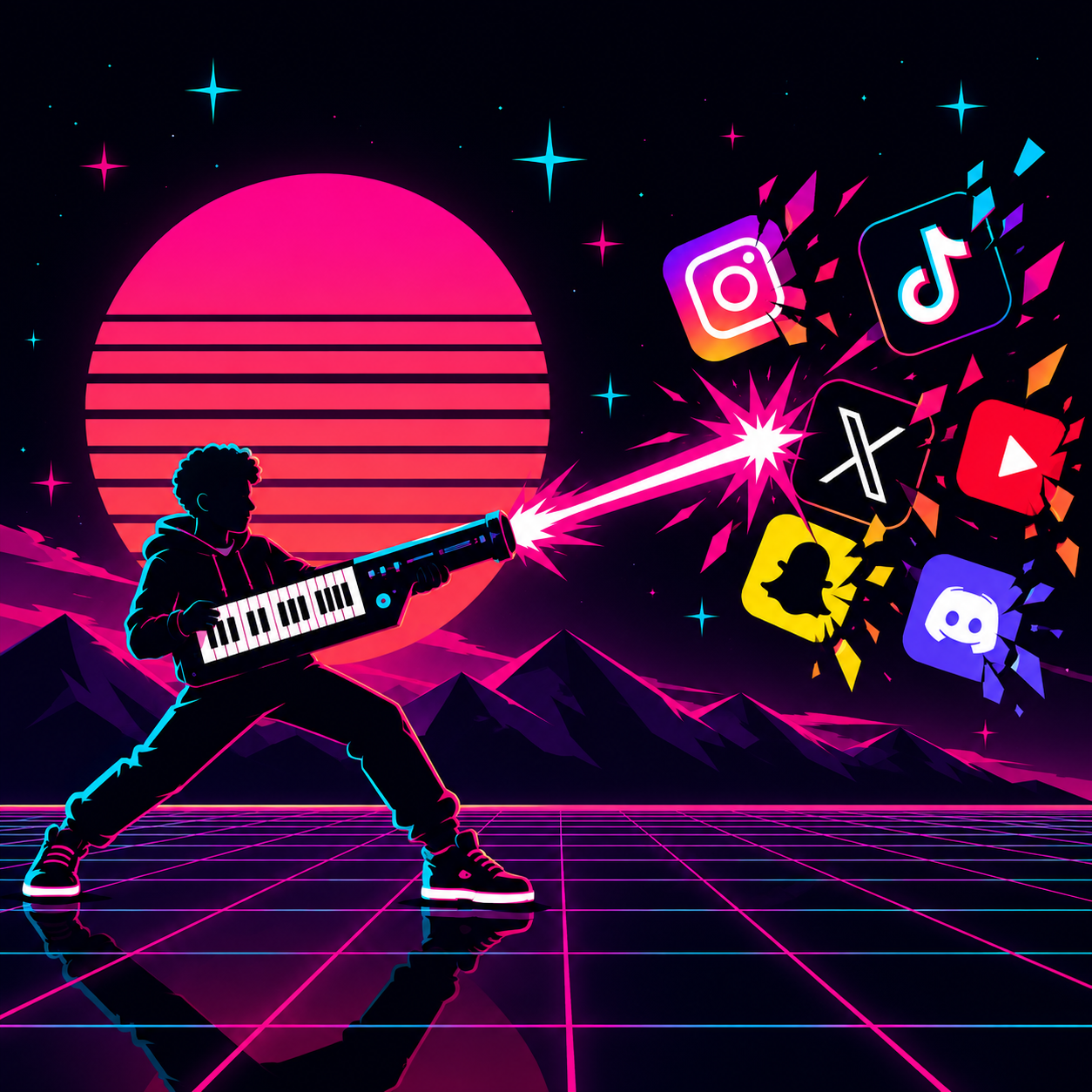 Neon synthwave illustration of a keytar player firing a beam that shatters social media icons